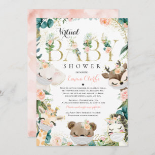 Safari Animals Virtual Baby Shower Greenery Gold Invitation