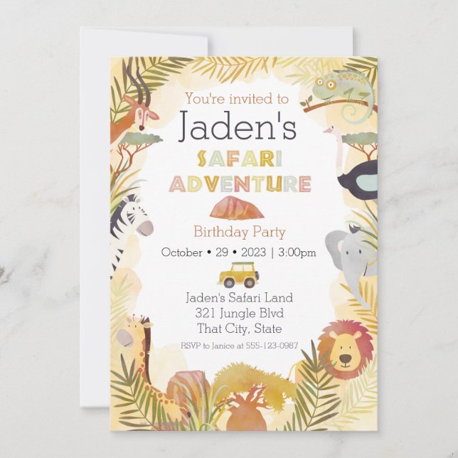 Safari Animals Watercolor Birthday Party Invitation (Front)
