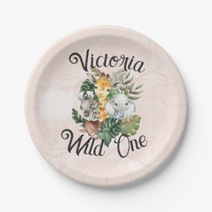 Safari Animals Watercolor Girls First Birthday  Paper Plate