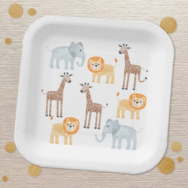 Safari Animals Watercolor Pattern Paper Plate (Cute watercolor baby safari animals baby shower party paper plates)