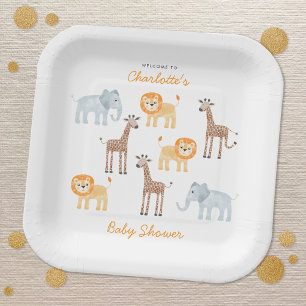 Safari Animals Watercolor Personalised Baby Shower Paper Plate