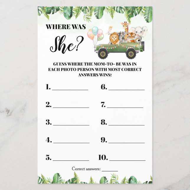 Safari Animals Where was Mom Shower Game Card (Front)