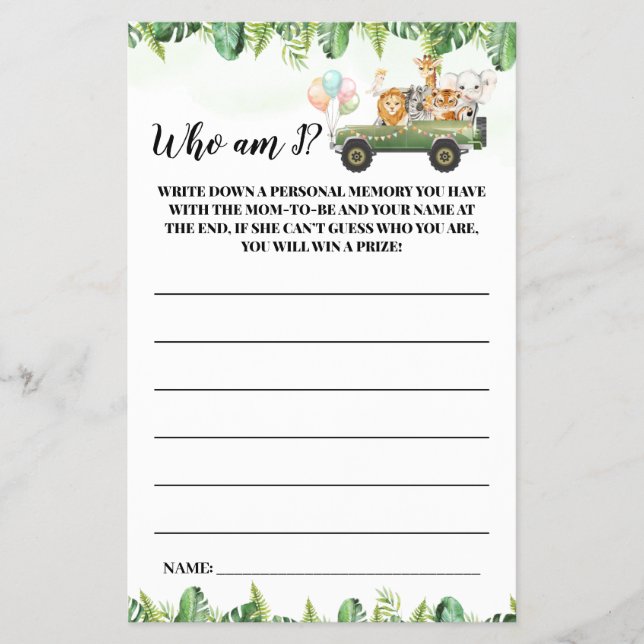 Safari Animals Who am I Baby Shower Game Card (Front)