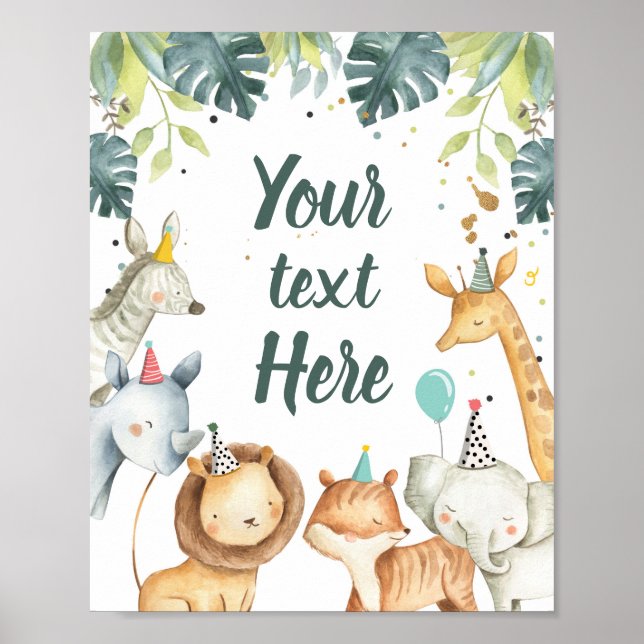 Safari Animals Wild Boy Birthday Party Table Sign (Front)