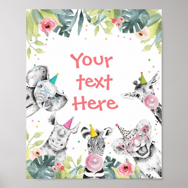 Safari Animals Wild Girl Birthday Party Table Sign (Front)