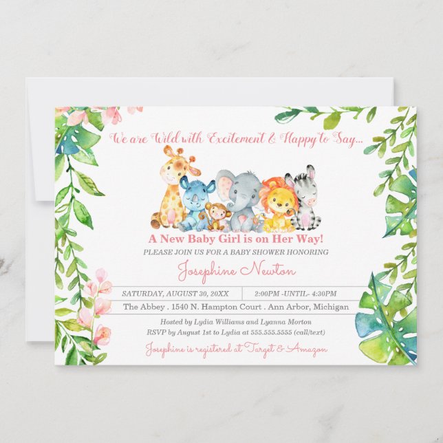 Safari Animals Wild Jungle Girl Baby Shower Invitation (Front)