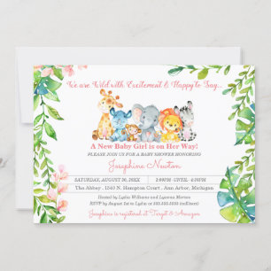 Safari Animals Wild Jungle Girl Baby Shower Invitation