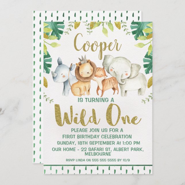Safari Animals Wild One 1st Birthday Invitation (Front/Back)