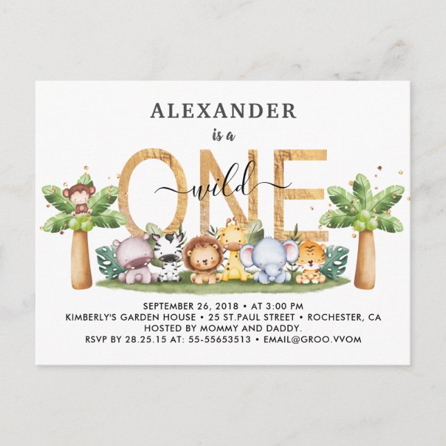 Safari Animals Wild One 1st Birthday Invitation Postcard (Front)