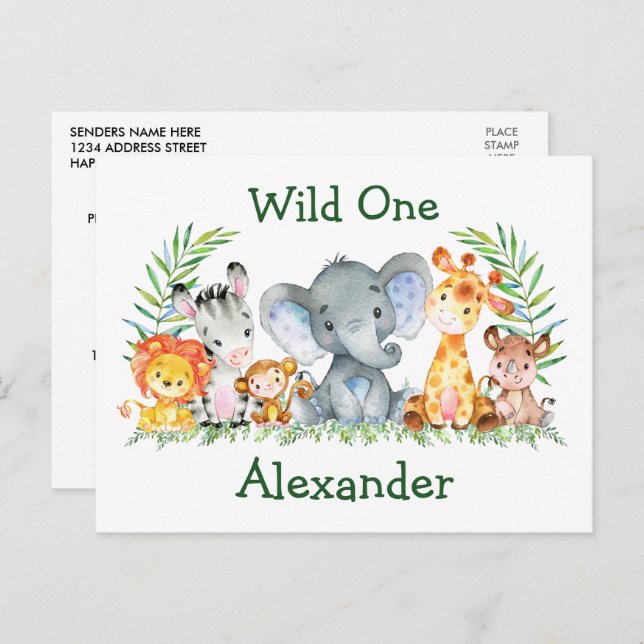 Safari Animals Wild One 1st Birthday Invitation Postcard (Front/Back)