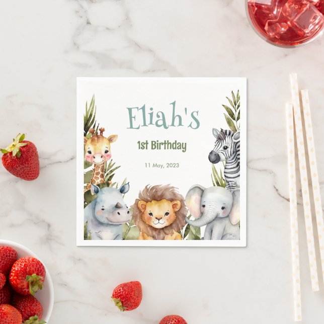 Safari Animals Wild One 1st Birthday Napkin (Insitu)