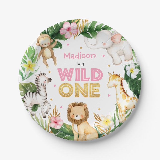 Safari Animals Wild One 1st Birthday Party Decor Paper Plate (Front)