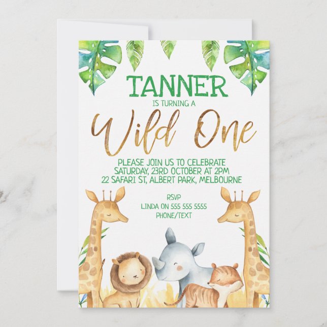 Safari Animals Wild One Birthday Invitation (Front)