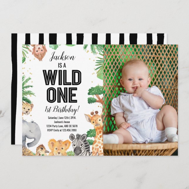 Safari Animals Wild One Birthday White Photo Invitation (Front/Back)