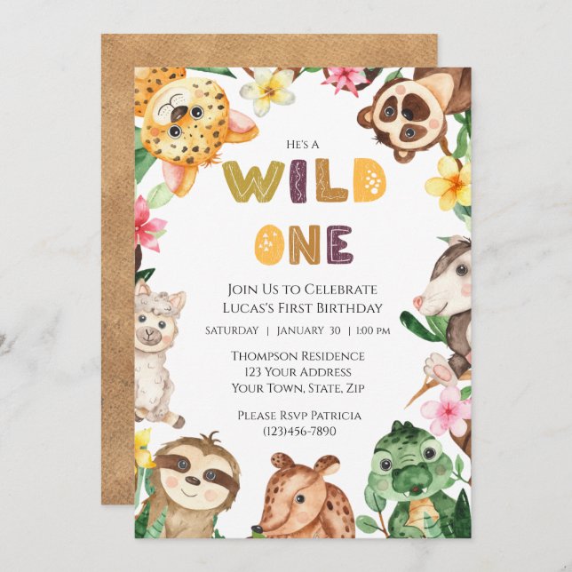 Safari Animals Wild One Boys First Birthday Invitation (Front/Back)