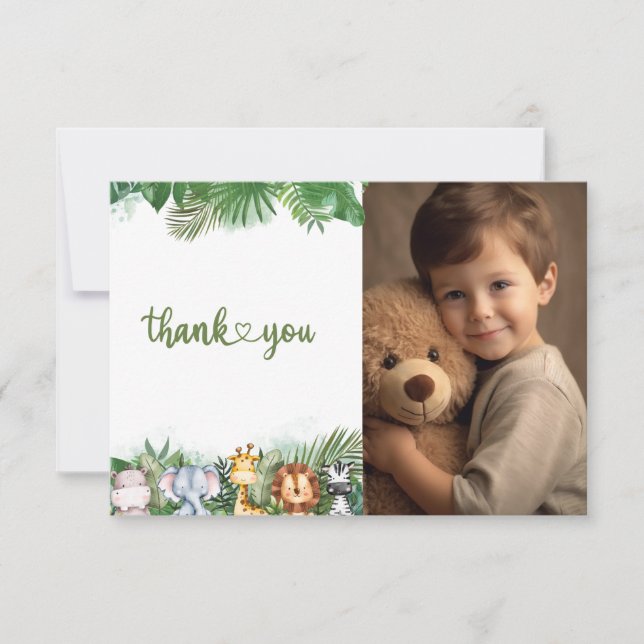 Safari Animals Wild One Boys First Birthday Photo Thank You Card (Front)
