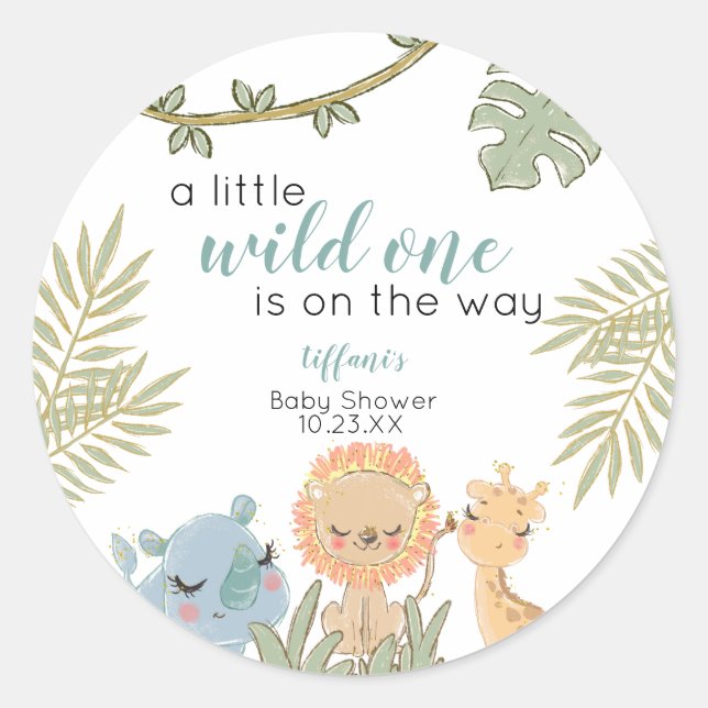  Safari Animals Wild One Girl Baby Shower Classic Round Sticker (Front)