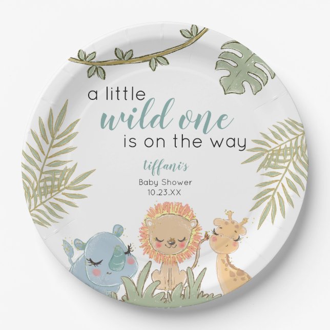  Safari Animals Wild One Girl Baby Shower  Paper Plate (Front)