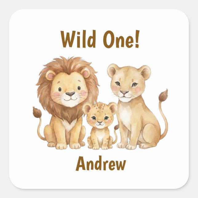 Safari Animals Wild One Personalised Name Square Sticker (Front)