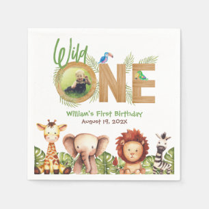Safari Animals Wild One Photo Wood First Birthday  Napkin