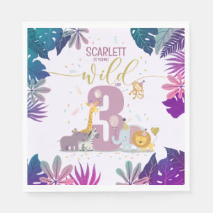 Safari Animals Young Wild & 3 Girl Birthday Paper Napkin