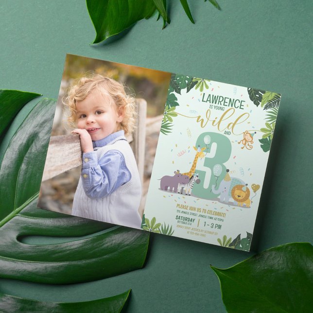 Safari Animals Young Wild & 3 Photo Birthday Invitation (Creator Uploaded)