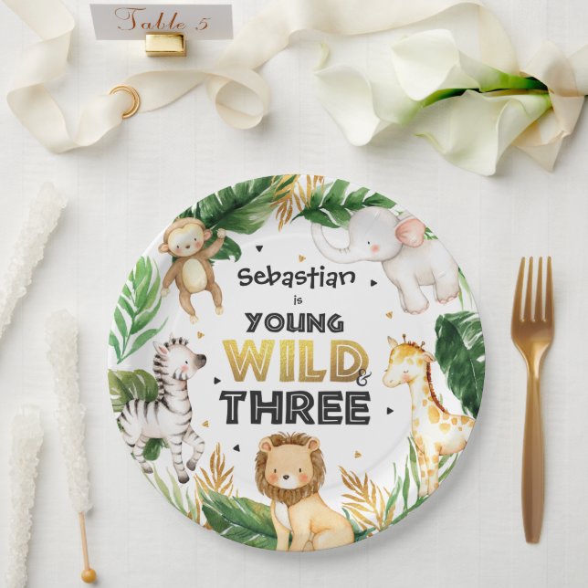 Safari Animals Young Wild And Three 3rd Birthday  Paper Plate (Wedding)