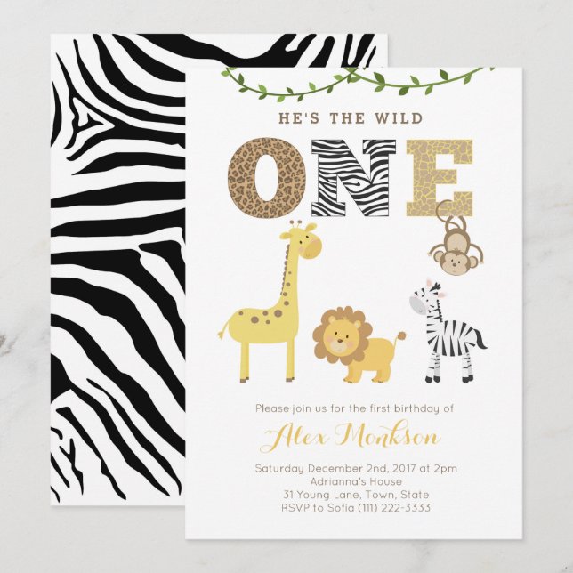 Safari animals zoo First Birthday Party Invitation (Front/Back)