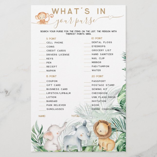 Safari Baby Animal What's In Your Purse game (Front)