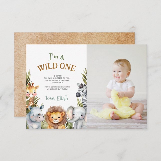 Safari Baby Animals First Birthday Thank You Card (Front/Back)