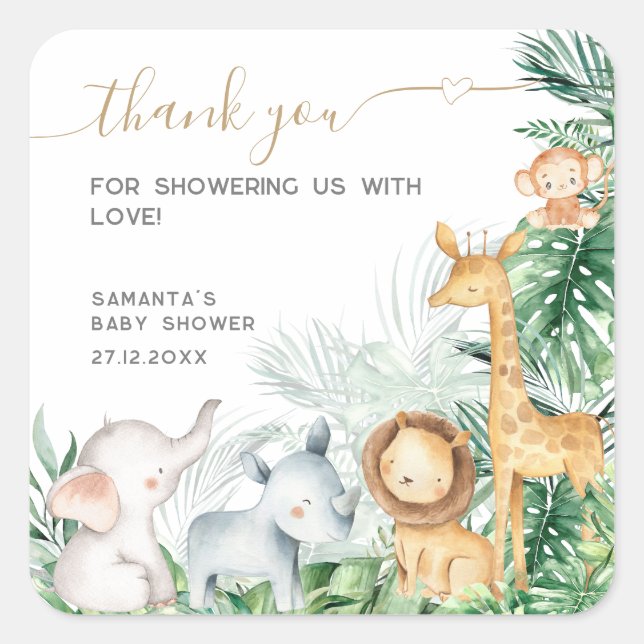 Safari Baby Animals Greenery Baby Shower Thanks Square Sticker (Front)