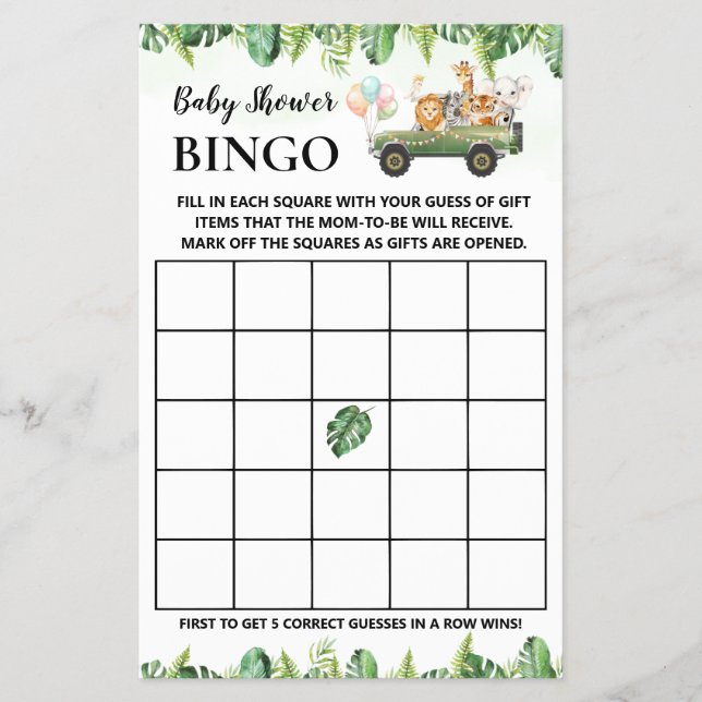 Safari Baby Animals Shower Bingo Game Card (Front)