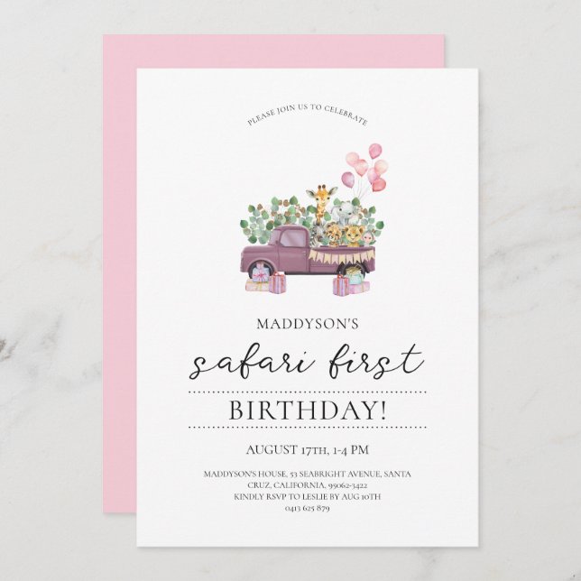 Safari Baby Animals Truck 1st Birthday Party Invit Invitation (Front/Back)