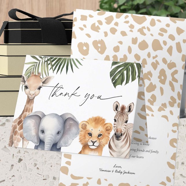 Safari Baby Animals Wild One Baby Boy Shower Thank You Card (Wild One Safari Animals, Baby Boy shower, Thank you Card.)