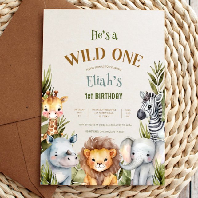 Safari Baby Animals Wild One First Birthday Invitation (Creator Uploaded)