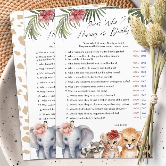 Safari Baby Girl Shower Guess Who mummy or daddy  (Safari Animals, baby Girl Shower game, Guess Who, Mommy or Daddy?)