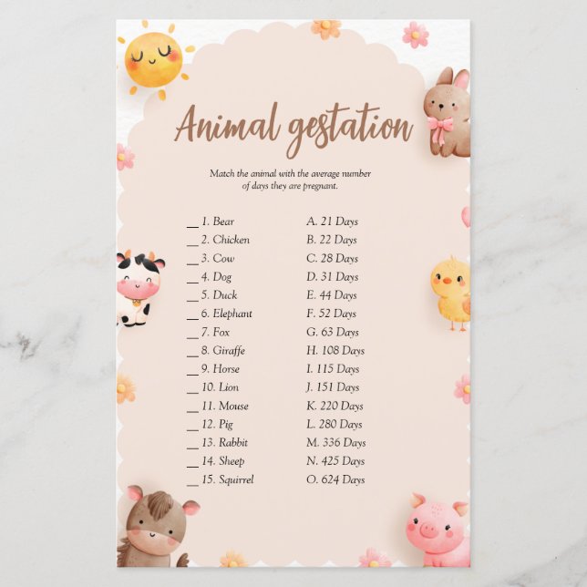 Safari Baby Shower Animal Gestation Game (Front)