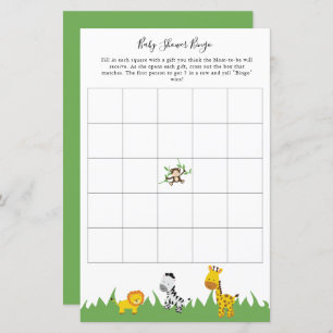 Safari Baby Shower Bingo Party Game Cute Animals