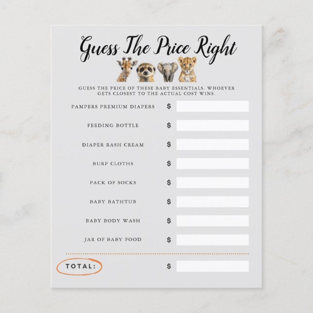 Safari Baby Shower Game Guess The Price (Front)