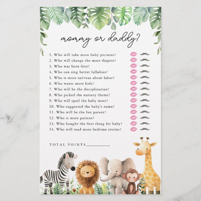 Safari Baby Shower Game - Mummy or Daddy Flyer (Front)