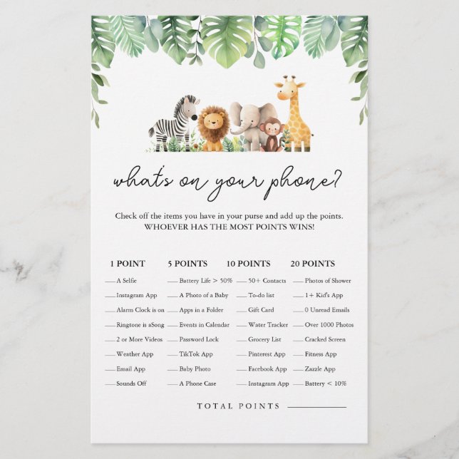 Safari Baby Shower Game - What's on Your Phone? Flyer (Front)
