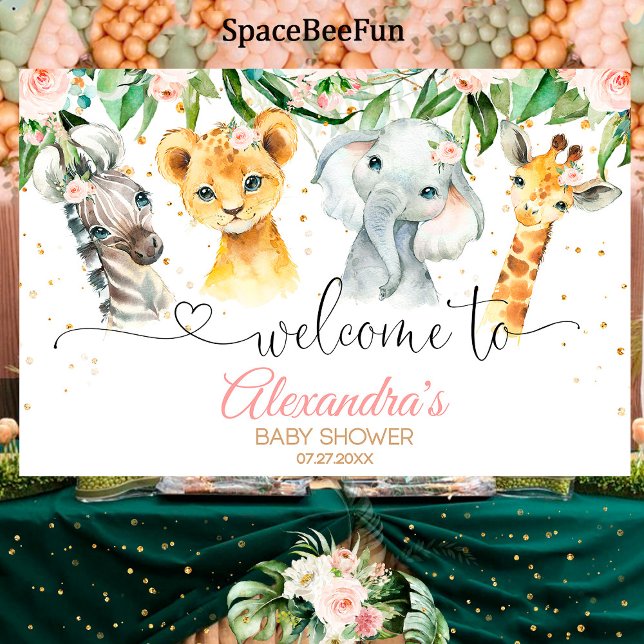 Safari Baby Shower Girl Backdrop Banner Welcome si (Safari Baby Shower girl,safari animals,Backdrop Banner,Welcome sign,leon elephant,giraffe zebra,bann)