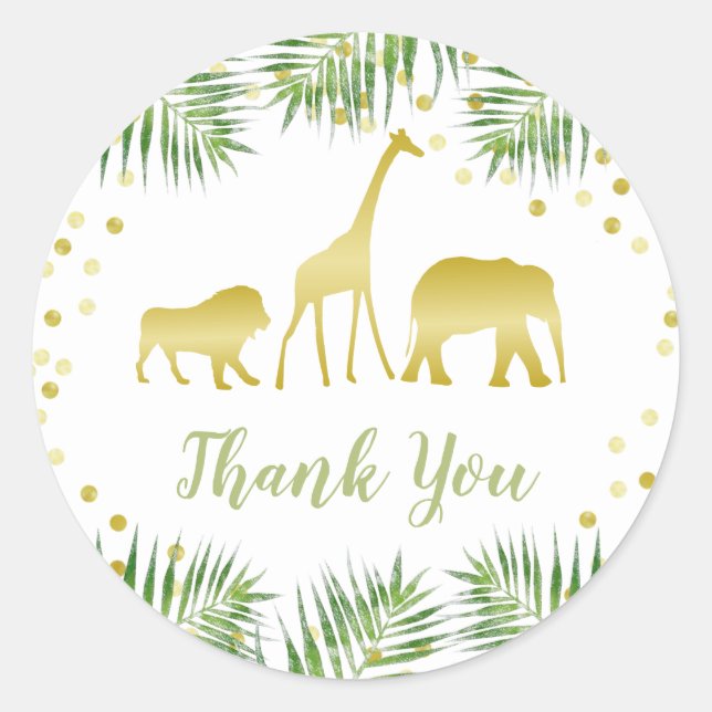 Safari Baby Shower Gold Green Tropical Thank You Classic Round Sticker (Front)