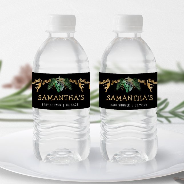 Safari Baby Shower Green Gold Black Water Bottle Label (Creator Uploaded)