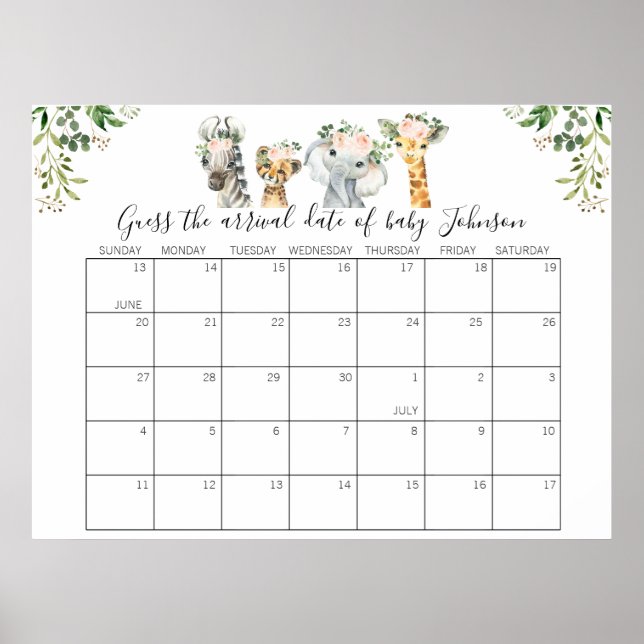 Safari Baby Shower Guess Delivery Date Calendar Poster (Front)