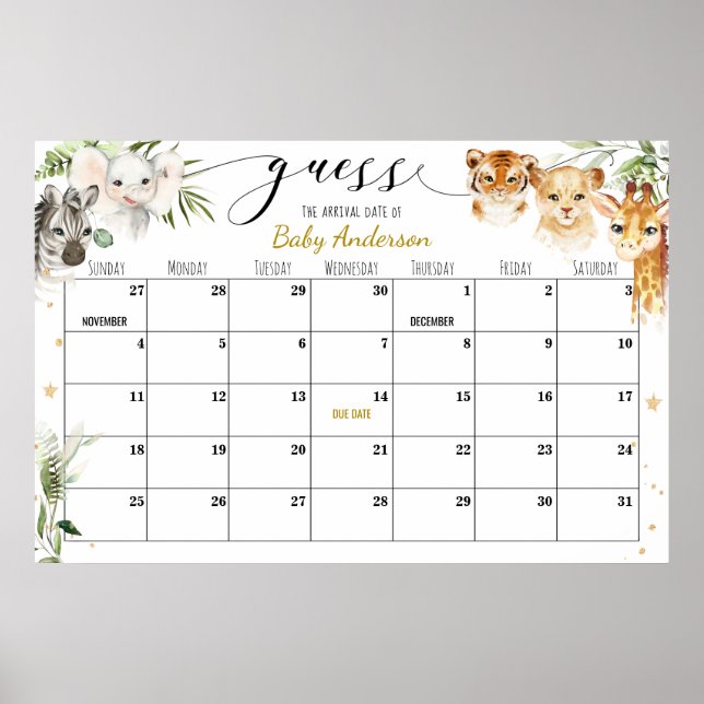 Safari Baby Shower Guess Due Date Calendar Poster (Front)