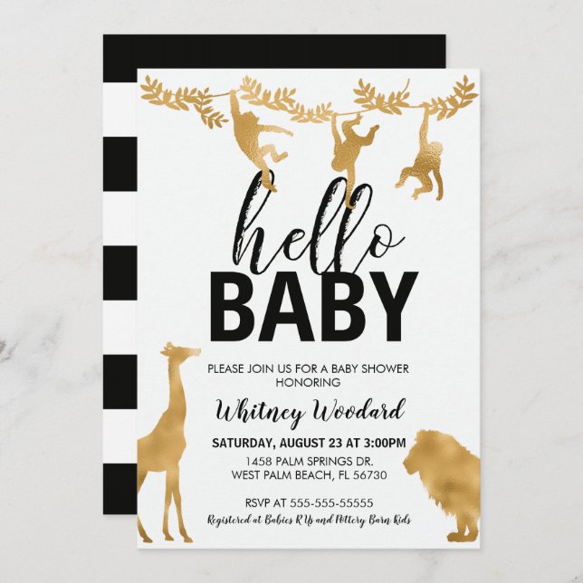 Safari Baby Shower Invitation | Black & Gold (Front/Back)