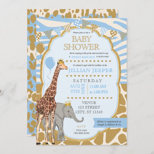 Safari Baby Shower Invitation - (Boy Blue) (Front/Back)