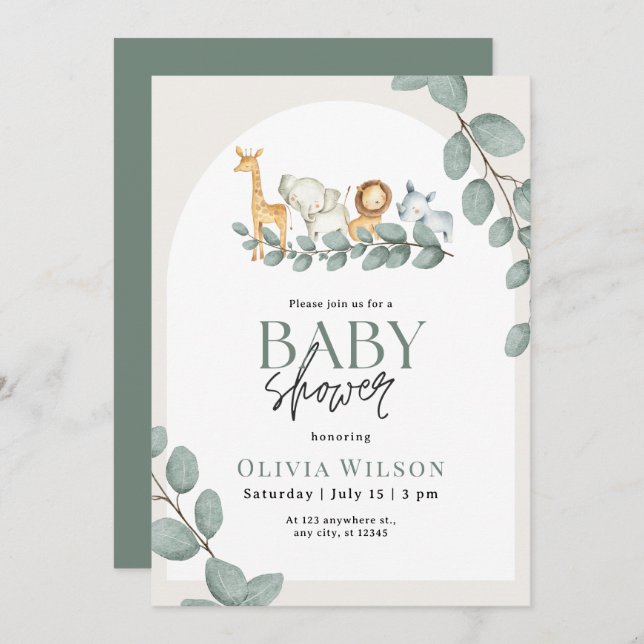 Safari Baby Shower Invite, Greenery Jungle Neutral Invitation (Front/Back)
