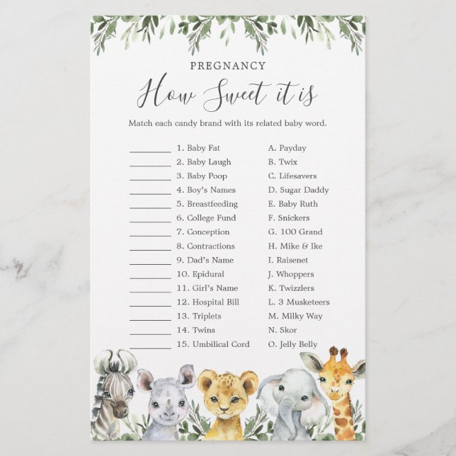 Safari Baby Shower Pregnancy How Sweet It Is Game (Front)
